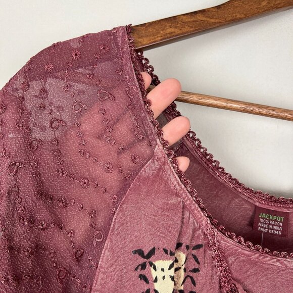 Jackpot‎ Tunic Top Womens OS One Size Fits Most Embroidered Lace Up Sheer Floral - Picture 3 of 14
